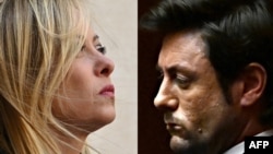 Kombinasi gambar yang dibuat pada 20 Oktober 2023 ini menunjukkan Perdana Menteri Italia, Giorgia Meloni (kiri) saat upacara penyambutan Perdana Menteri Spanyol di Roma, 5 April 2023, dan Andrea Giambruno di parlemen di Roma pada 25 Oktober 2022. (Andreas SOLARO/AFP)