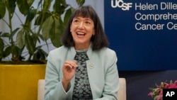 FILE - Dr. Monica Bertagnolli speaks at the University of California, San Francisco’s cancer center in San Francisco, Oct. 7, 2022. President Joe Biden announced, May 15, 2023, that he plans to nominate Bertagnolli, a cancer specialist, to become director of the NIH.
