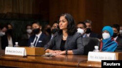 FILE - Nusrat Choudhury appears before the U.S. Senate Judiciary Committee in Washington, DC, on April 27, 2022. (US Senate/via Reuters)