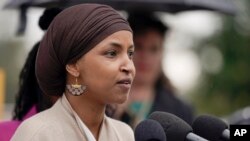 FILE - Rep. Ilhan Omar, D-Minn., talks during a press conference to call for a ceasefire in Israel and Gaza on Capitol Hill, Oct. 20, 2023, in Washington.