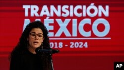 FILE - Luisa Maria Alcalde speaks at an event in Mexico City, Nov. 22, 2018. Mexican President Andres Manuel Lopez Obrador said on June 19, 2023 that he will name Alcade as the country's new interior minister. 