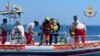 This picture released by the Italian Firefighters, Aug. 23, 2024, shows a firefighter cave diver as he prepares to reach the wrecked luxury superyacht Bayesian that sunk early Monday off the Sicilian coast in Porticciolo, in southern Italy.