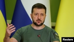 Ukraine's President Volodymyr Zelenskiy attends a joint news briefing with Dutch Prime Minister Mark Rutte (not seen), in Kyiv, July 11, 2022.