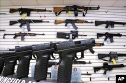 FILE - Assault weapons and hand guns are seen for sale at Capitol City Arms Supply in Springfield, Ill.