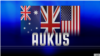 AUKUS lettering over Australia, Great Britain and US flags (l-r), on texture, finished graphic 
