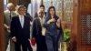 Indian Foreign Minister S.M. Krishna, left, and his Pakistani counterpart Hina Rabbani Khar, right, arrive for a meeting in Islamabad, Pakistan, September 8, 2012. 