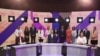 Foto distribuida por el Instituto Nacional Electoral (INE) de México muestra a los candidatos presidenciales sentados, Claudia Sheinbaum, Jorge Álvarez Maynez y Xochitl Gálvez este 7 de abril de 2024, en debate televisado antes de las elecciones del 2 de junio.