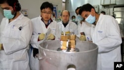 FILE - International Atomic Energy Agency inspectors and Iranian technicians prepare to cut the connections between the twin cascades for 20% uranium enrichment at the Natanz nuclear site near Natanz, Iran, Jan. 20, 2014. 