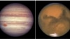 Jupiter, left, and Mars will appear to be very close in the sky on Aug. 14, 2023. (Really, though, they are 575 million kilometers apart.) (NASA via AP)