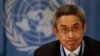 FILE - Then-U.N. human rights investigator Vitit Muntarbhorn gestures during a press conference at United Nations headquarters in Geneva, Switzerland, March 15, 2010.