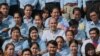 Hun Many, head of the CPP-affiliated youth group called Union of Youth Federation of Cambodia, poses in a group photo with members of the UYFC in Phnom Penh, Cambodia, November 9, 2015. (Aun Chhengpor/VOA Khm